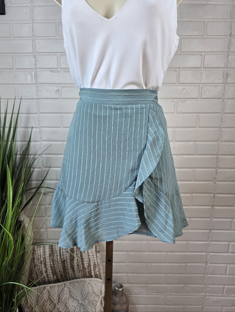MNG Teal Striped Ruffle Wrap Mini Skirt Size Medium